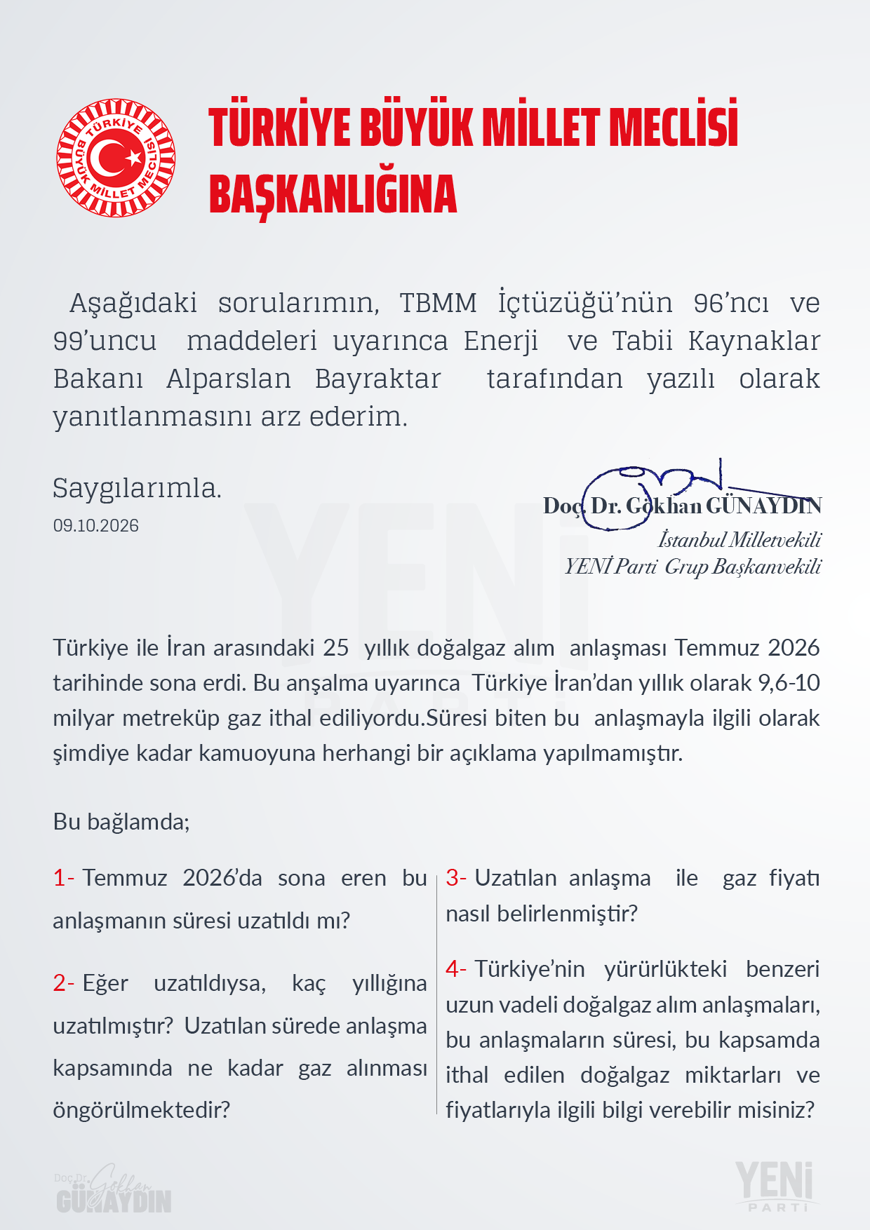 Gökhan Günaydın - Soru Önergesi - Enerji Bakanlığı - 09.10.2026