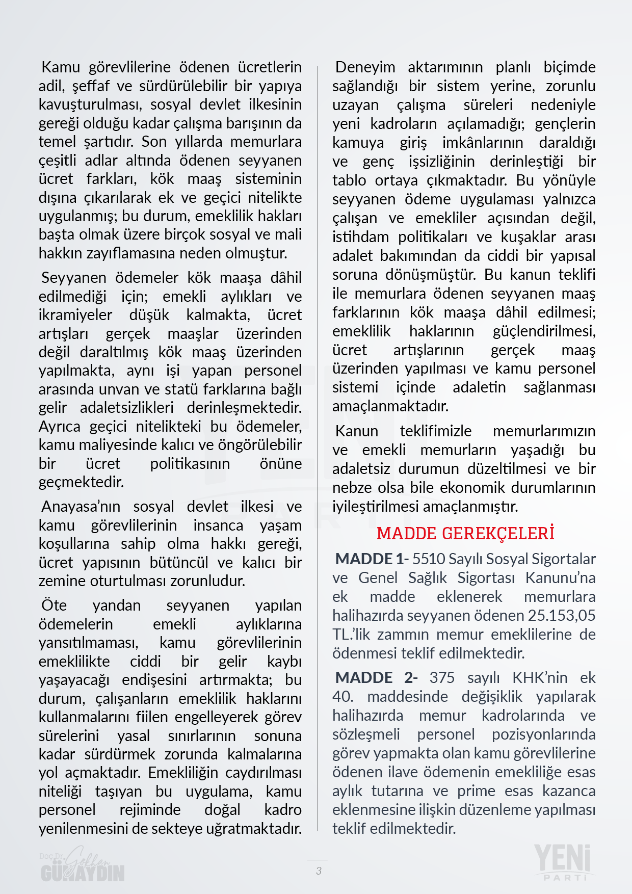 Yeni Parti Memur ve Emeklisi Seyyanen Zam Kanunu Teklifi - 03